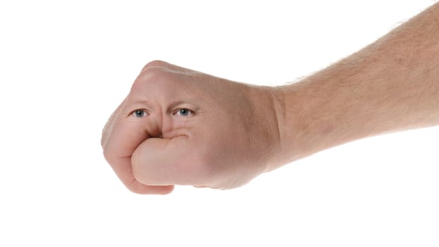 a hand puppet with human eyes on it.